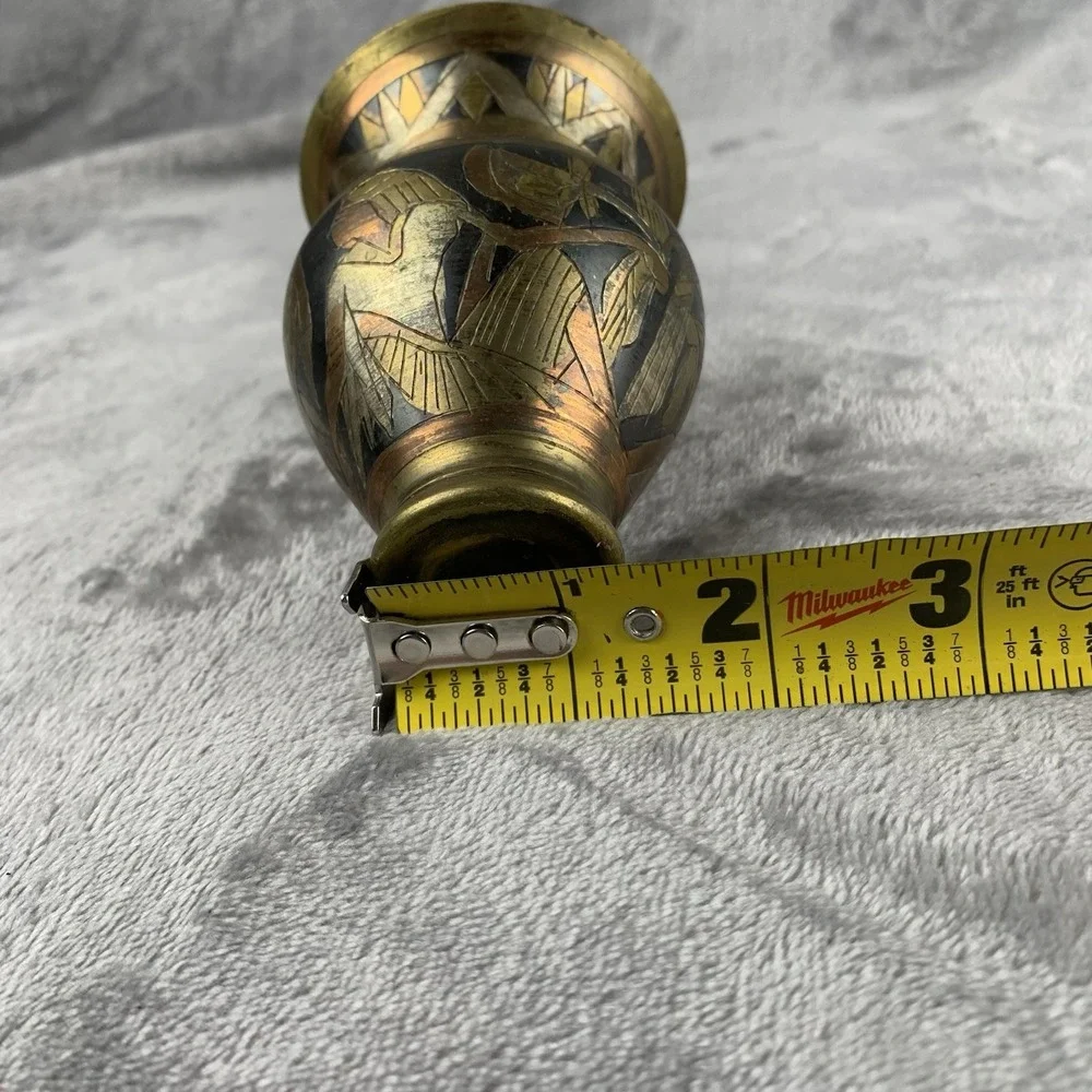 Vintage Mixed Metal Small Vase Egyptian‎ Style Copper Brass 4 Inches Tall Patina